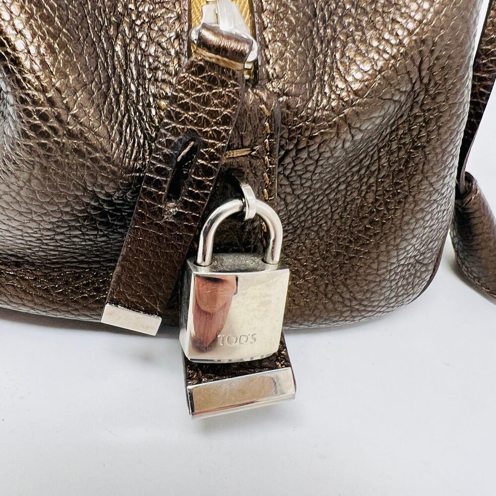 Tod's Media Giorno Pebble Leather Hobo Bag Shoulder Baguette Metallic - Picture 7 of 11